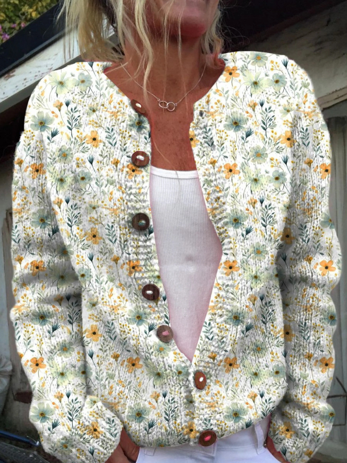 Cardigan Sweater with Repeating French Rose Pattern in Watercolor