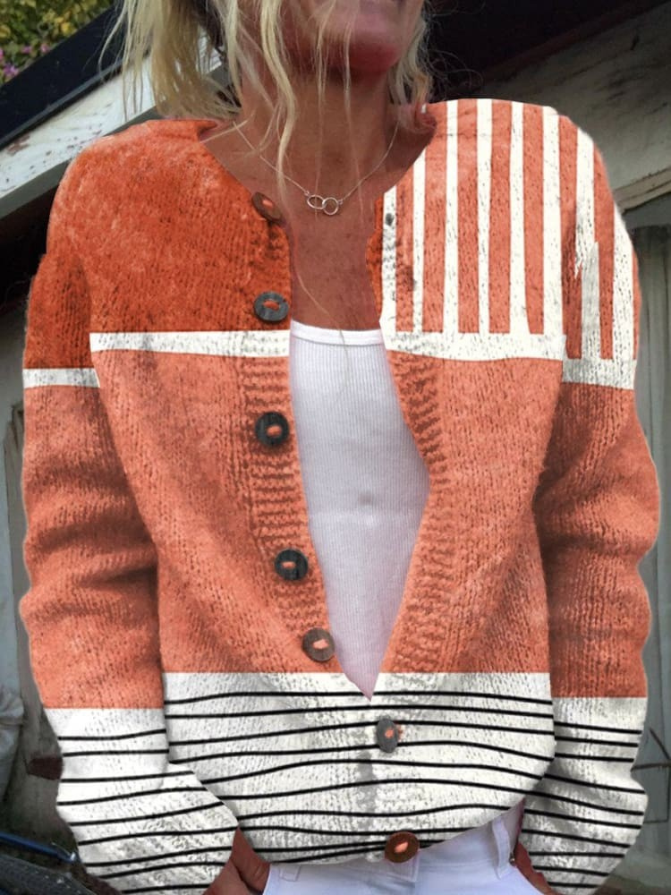 Retro Abstract Art - Casual Cardigan with Buttons