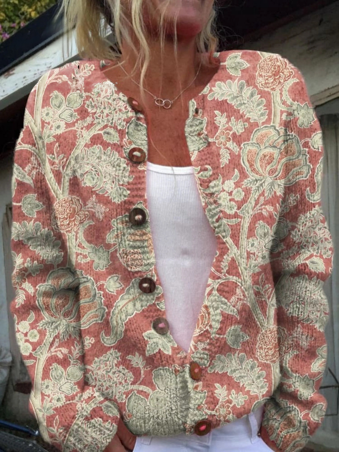 Charming floral pattern on the button cardigan sweater