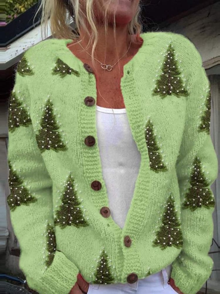 Cardigan with button and Christmas tree print for women