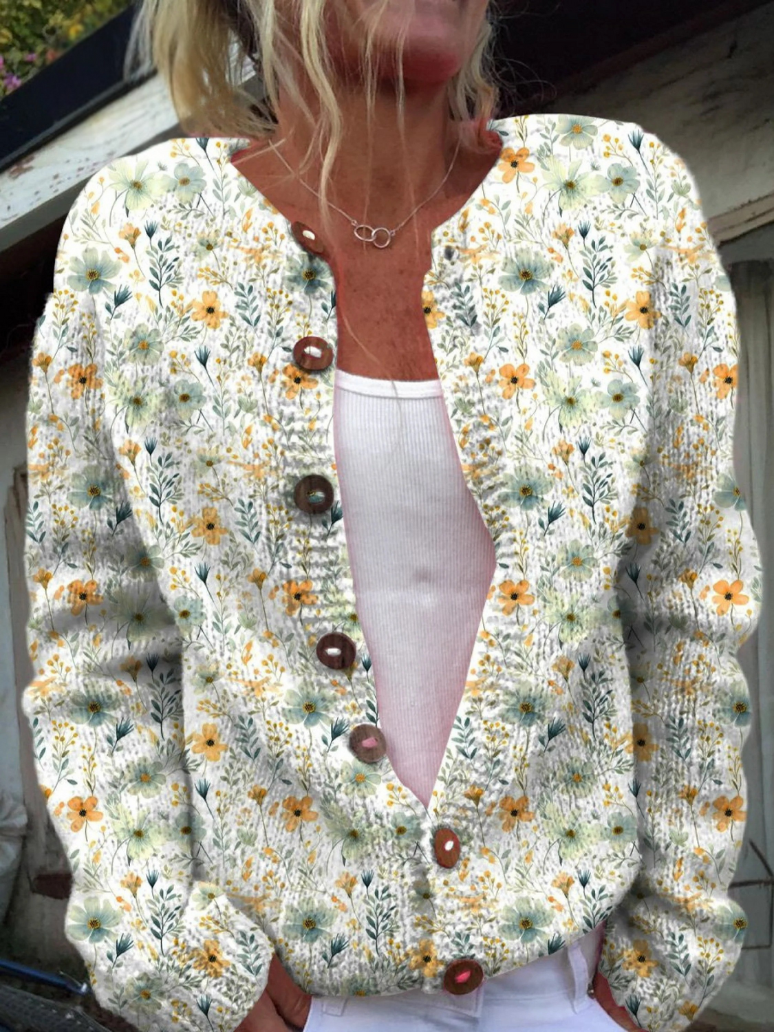 Charming floral pattern on the button cardigan sweater