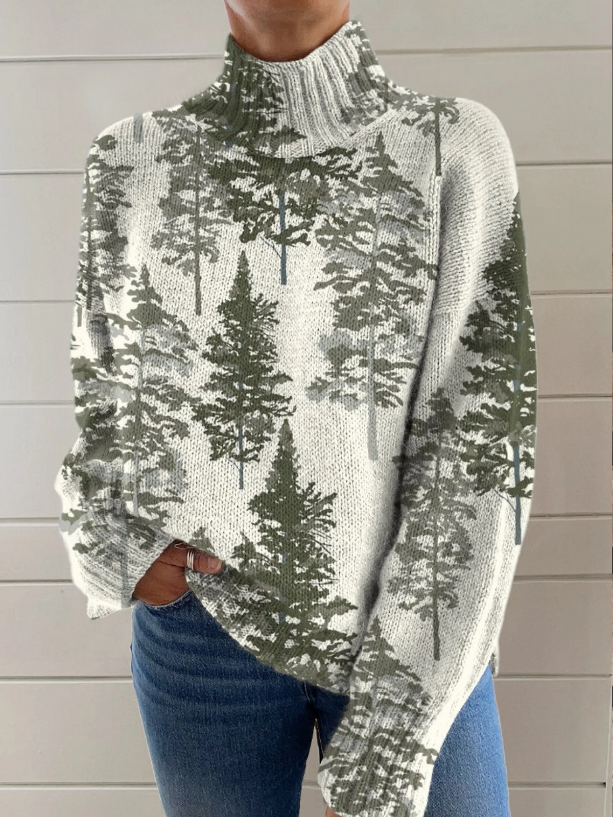 Tree Art Pattern Print Knit Turtleneck Pullover Sweater