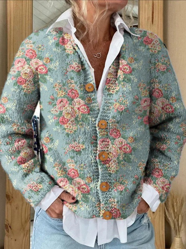 Romantic French Rose Pattern Printed Buttoned Cardigan Sweater
