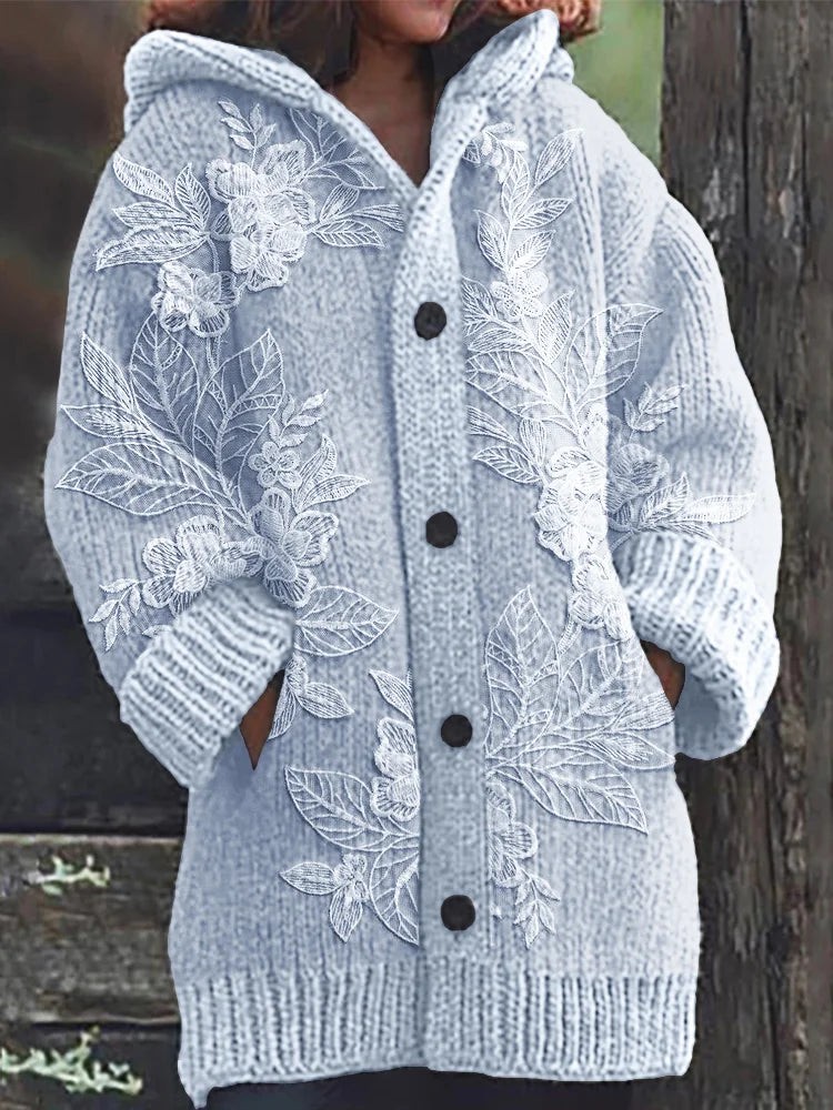 Classy Floral 3d Embroidered Lace Cozy Knit Hooded Cardigan