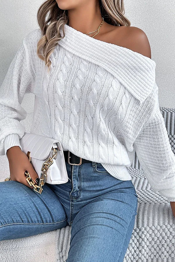 Solid Color Casual One Shoulder Long Sleeve Knitted Sweater