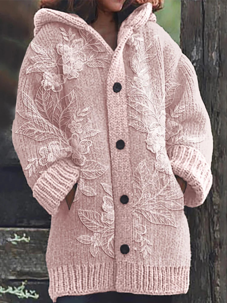 Classy Floral 3d Embroidered Lace Cozy Knit Hooded Cardigan