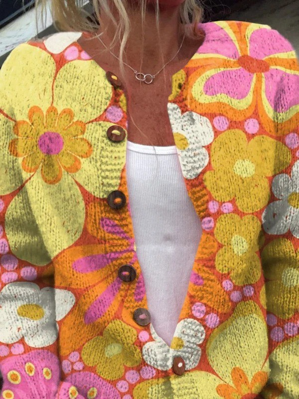 Retro Style Groovy Floral Pattern Print Buttoned Cardigan Sweater
