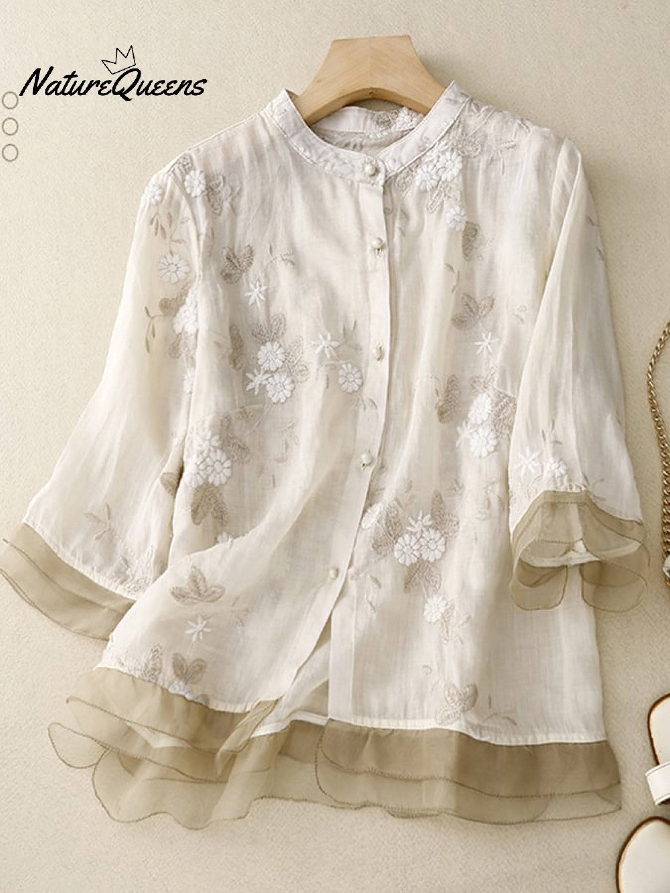 Art Retro Embroidery 3/4 Sleeve Patchwork Shirt