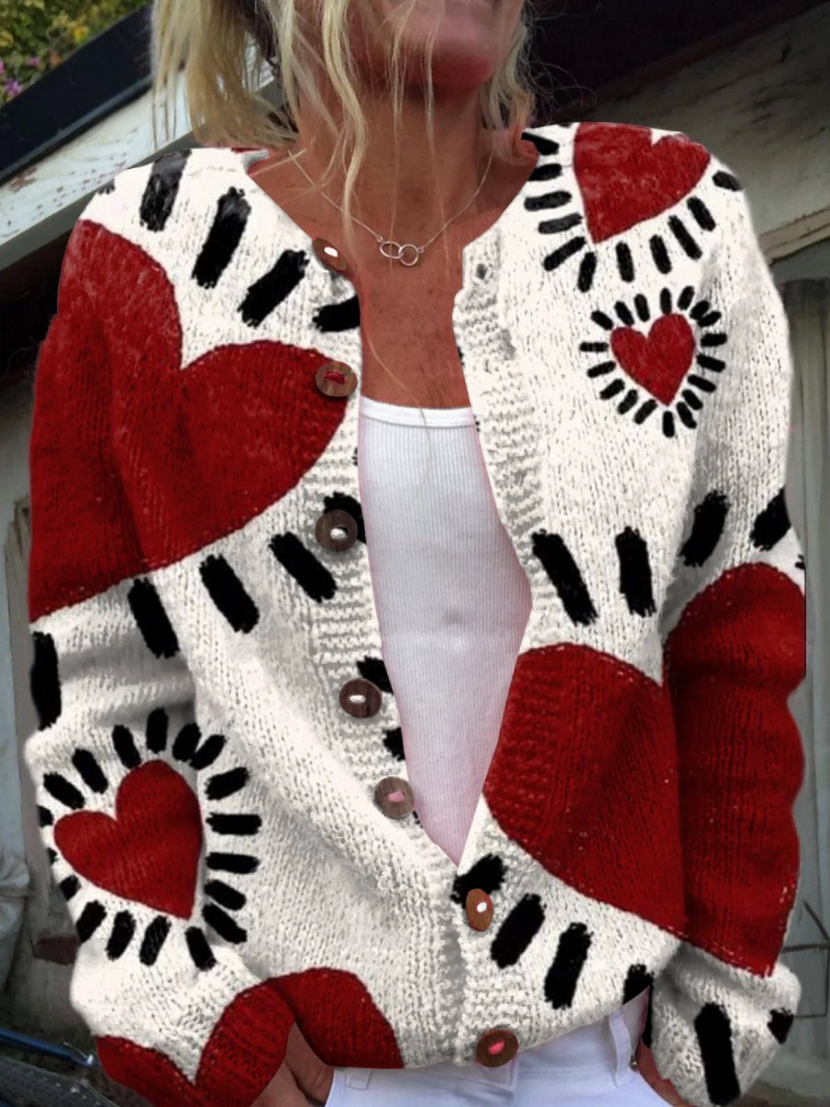Simple Red Love Pattern Print Buttoned Cardigan Sweater