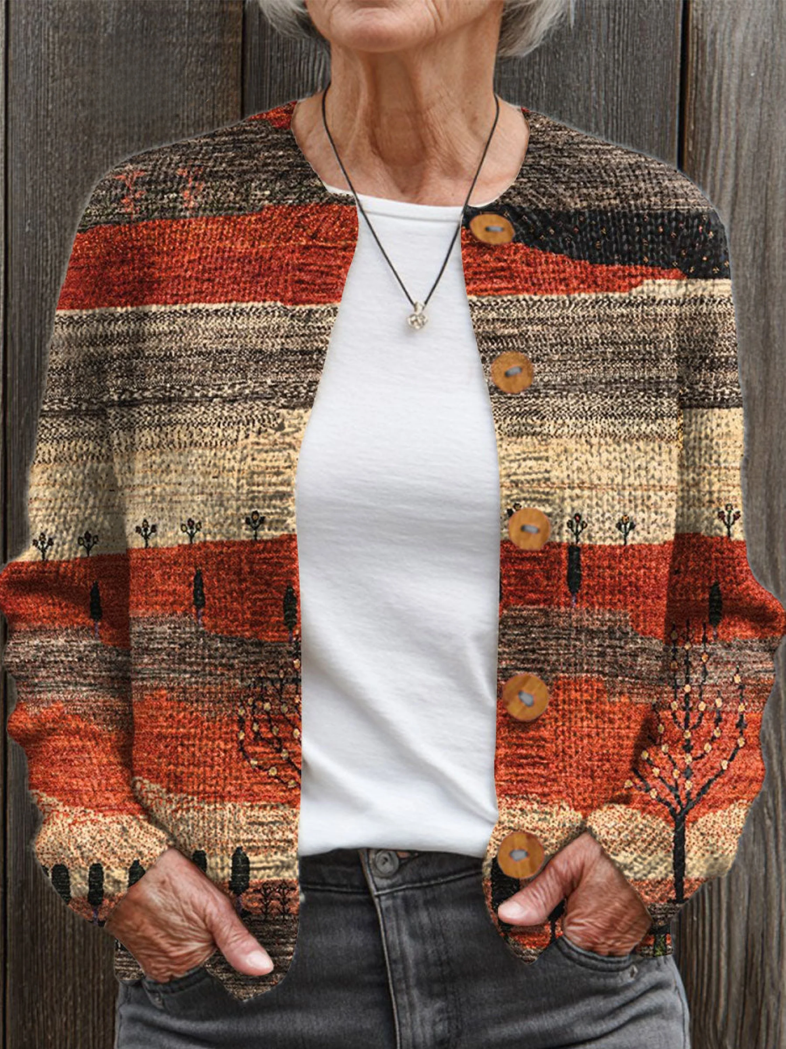 Vintage  Art Print Buttoned Cardigan Sweater